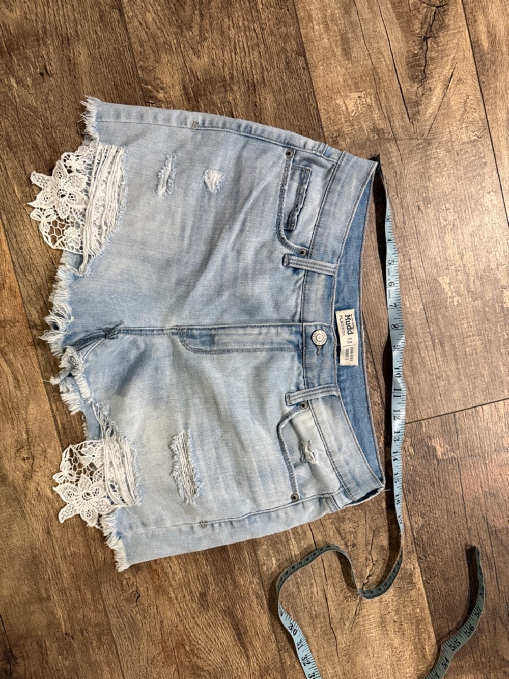 Mudd Light Blue Distressed Denim Shorts with White Lace Trim